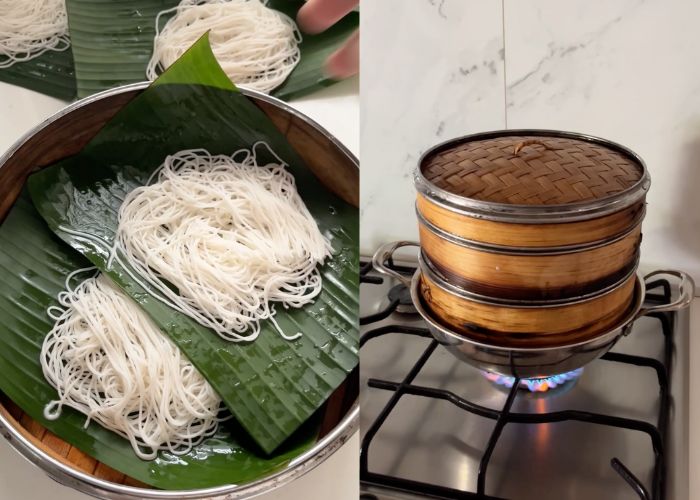 steaming idiyappam on a bamboo steamer