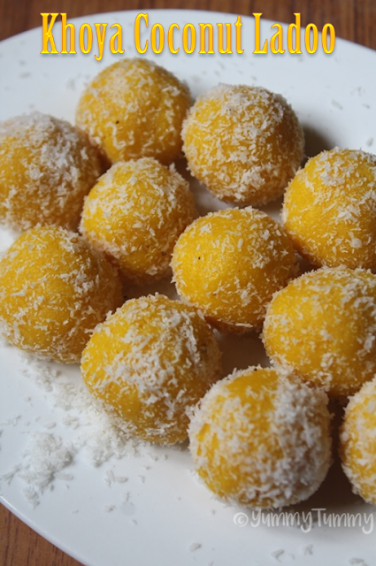 coconut ladoos made with khoya and desiccated coconut