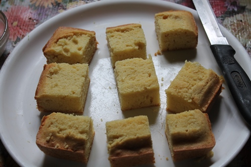 cut cake into cubes