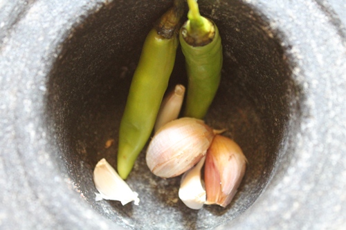 take chillies and garlic in a mortar and pestle