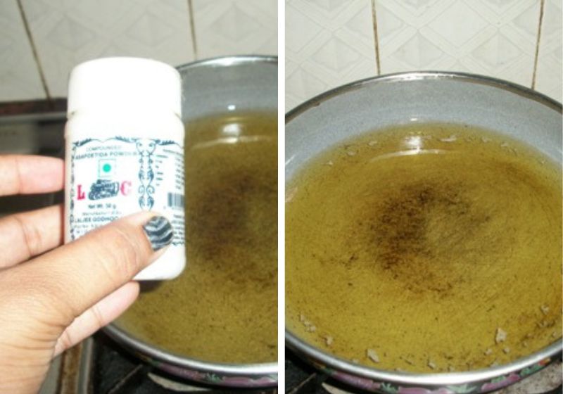 heat oil and add in asafoetida. this is pickle oil
