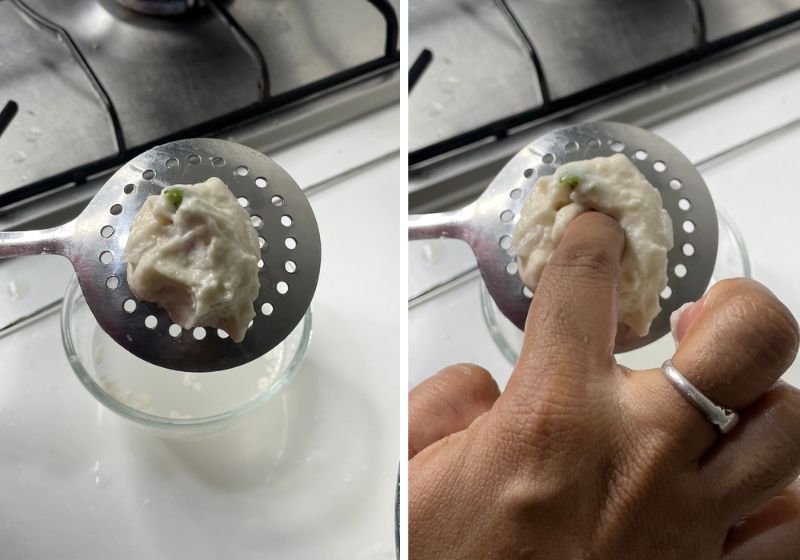 drop spoonful of batter and make hole in the center