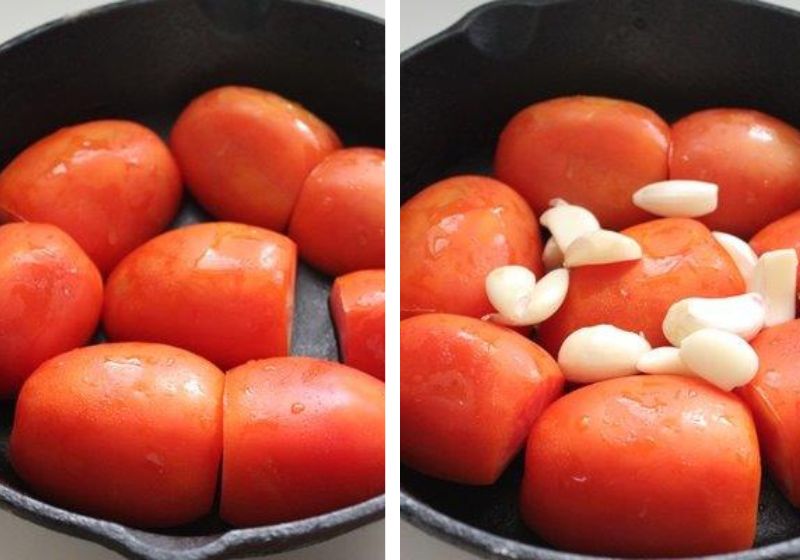 take tomatoes garlic in a cast iron pan