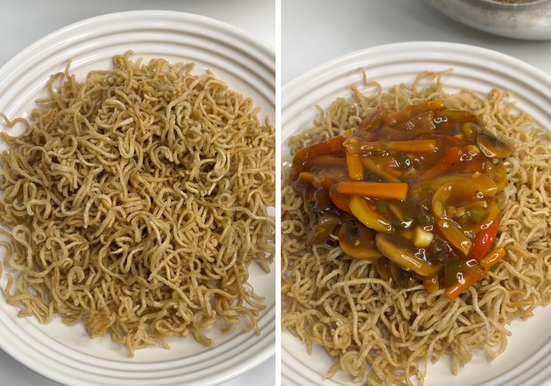 take fried noodles in a bowl, pour chop suey sauce over