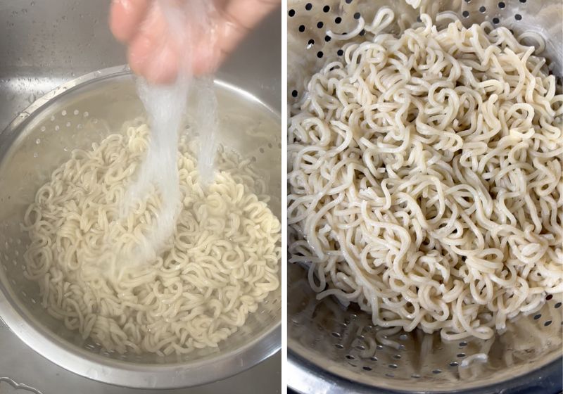 strain noodles in a colander