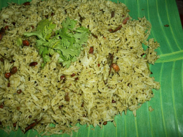 coriander rice plated in a banana leaf plate. coriander rice | kothamalli sadam | cilantro rice ready
