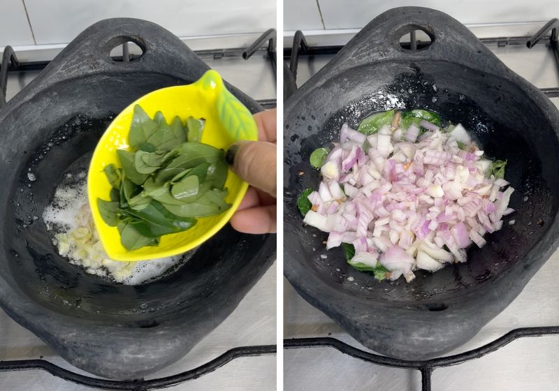 add curry leaves and chopped onions
