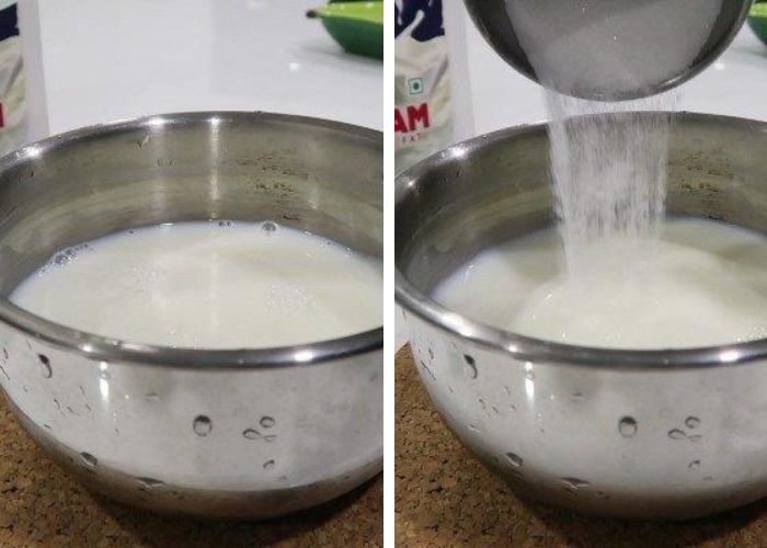 milk and sugar in a sauce pan
