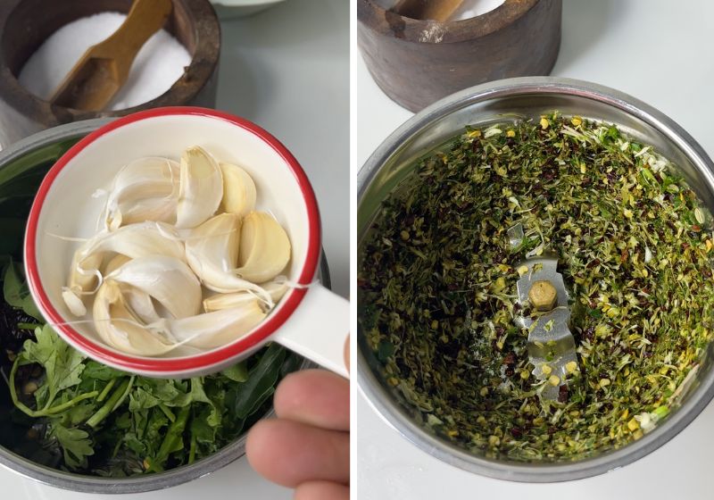 add garlic and crush coarsely