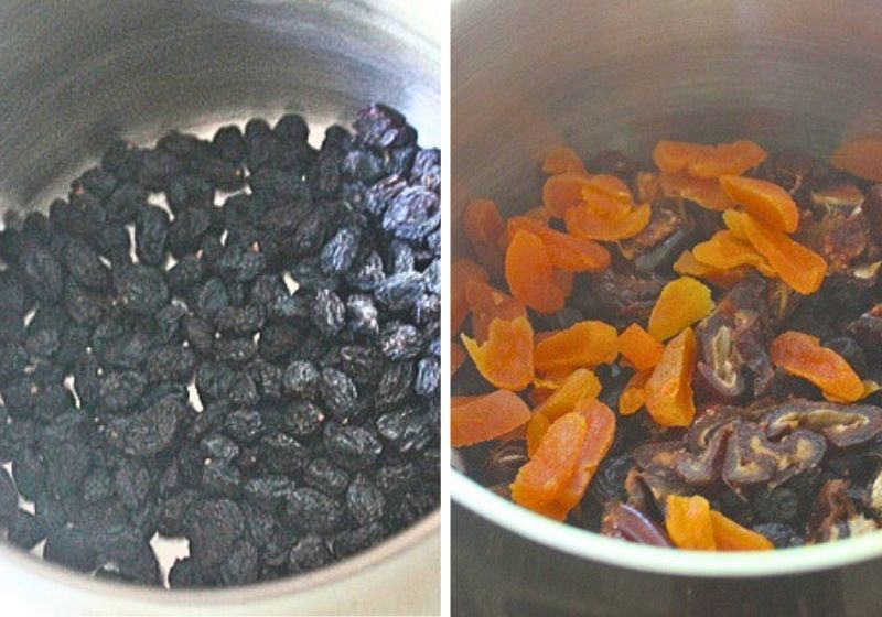 raisins, apricots, prunes and dates in a sauce pan