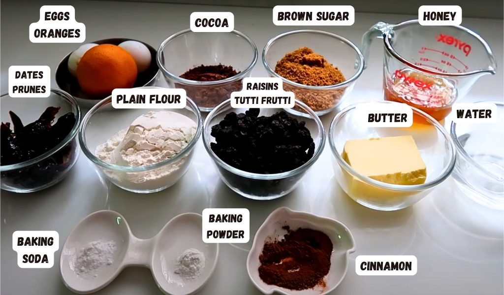 ingredients for chocolate fruit cake