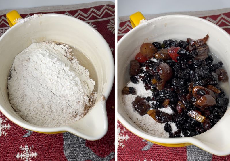 add dry ingredients and dried fruits