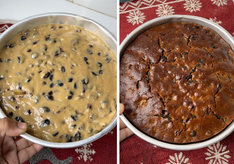 transfer batter in cake pan and bake fruit cake