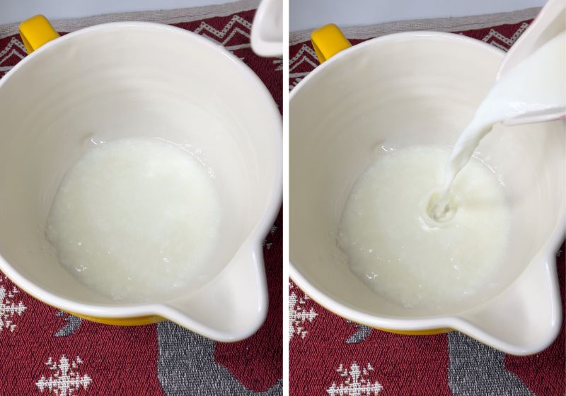take curd, milk in a mixing bowl