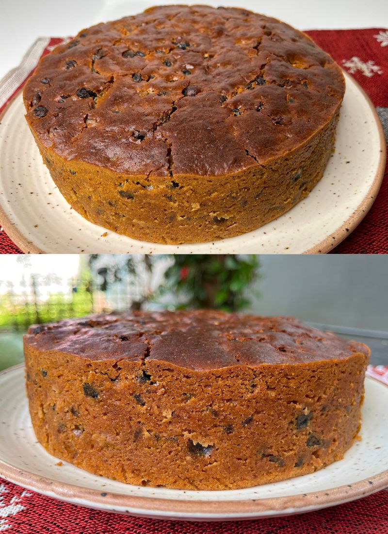 eggless plum cake displayed whole