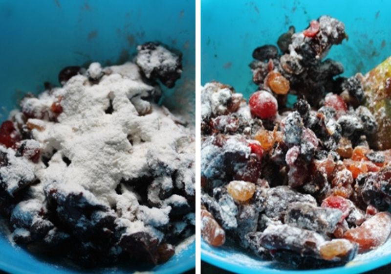toss dried fruits with flour