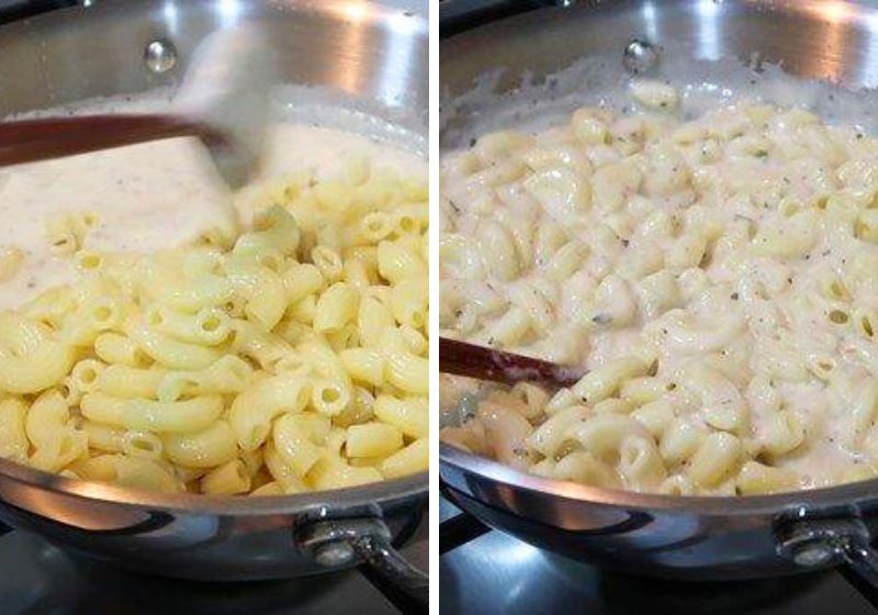 add cooked macaroni to the sauce and mix well