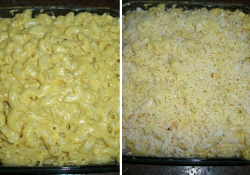 transfer to baking dish, sprinkle top with breadcrumbs and cheese