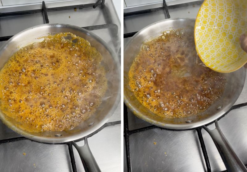 cook sugar till golden, add water to caramel sugar