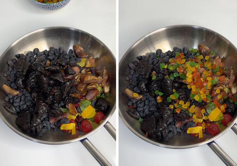 add prunes, tutti frutti in a pan