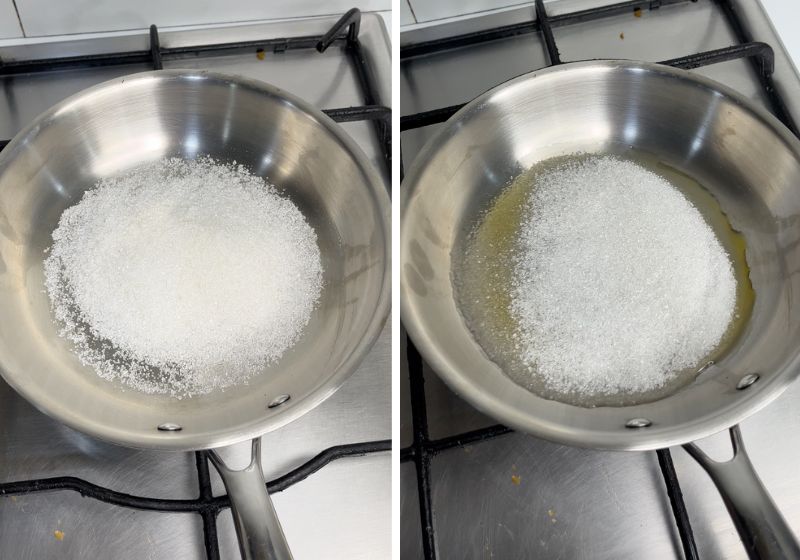 take sugar in a pan for caramel