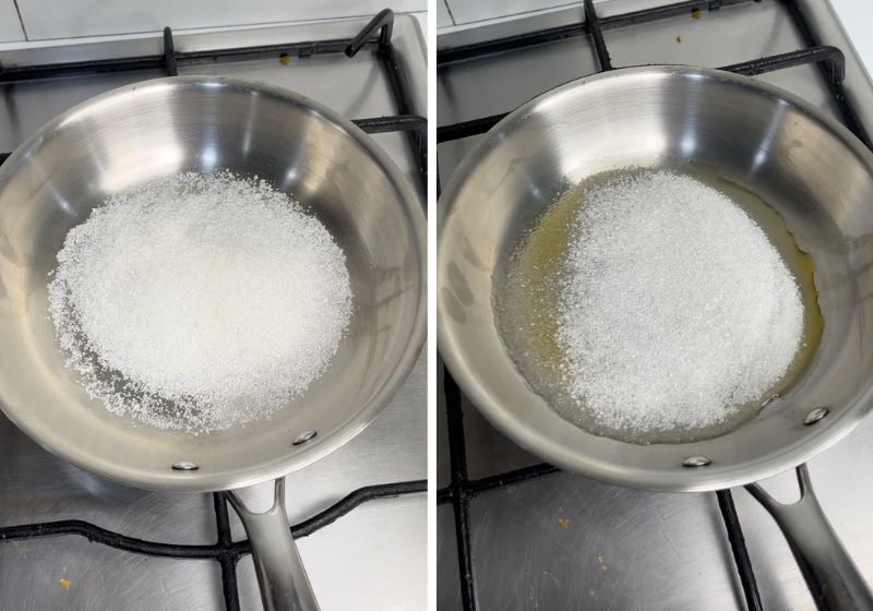 heat sugar in a pan for caramel