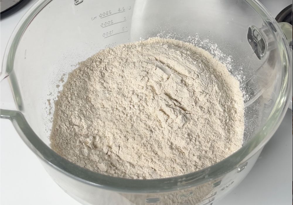 wheat flour in stand mixer bowl