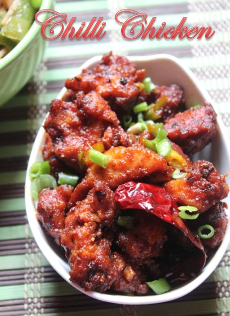 chilli chicken dry garnished with spring onions