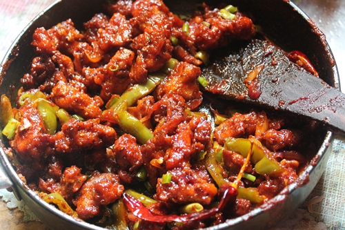chilli chicken tossed with chilli sauce