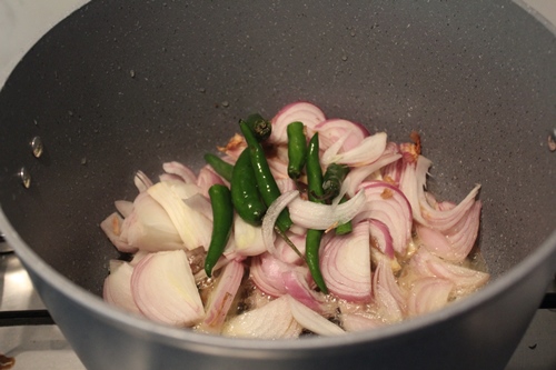 add in sliced onions and green chillies