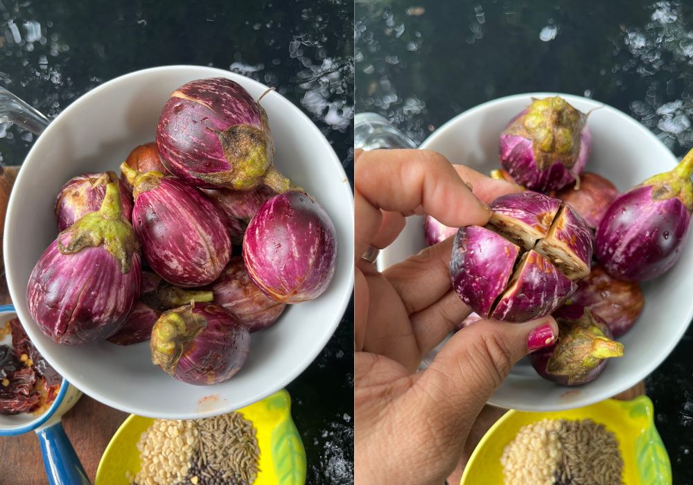 how to prepare (cut) brinjal for making ennai kathirikai kulambu