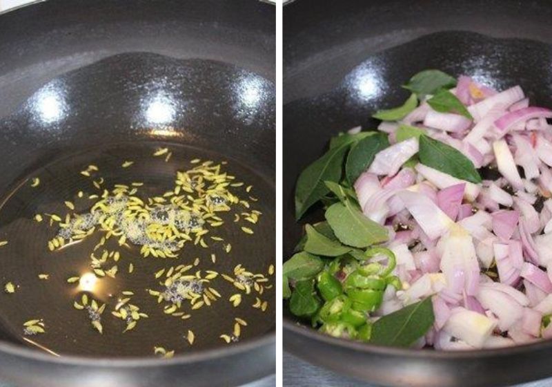 heat oil add fennel seeds, add onions, green chillies and curry leaves