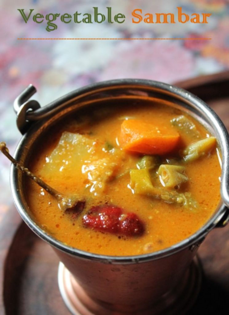close shot of south indian sambar made with mixed vegetables, dal and spices