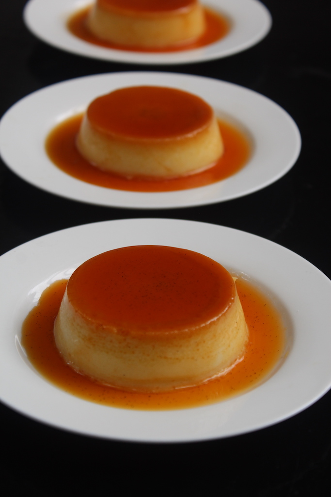 three servings of caramel custard 