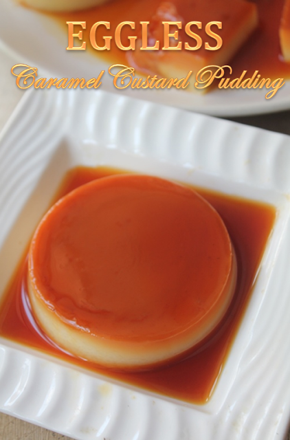 close shot of Eggless Caramel Custard in a white plate with caramel sauce