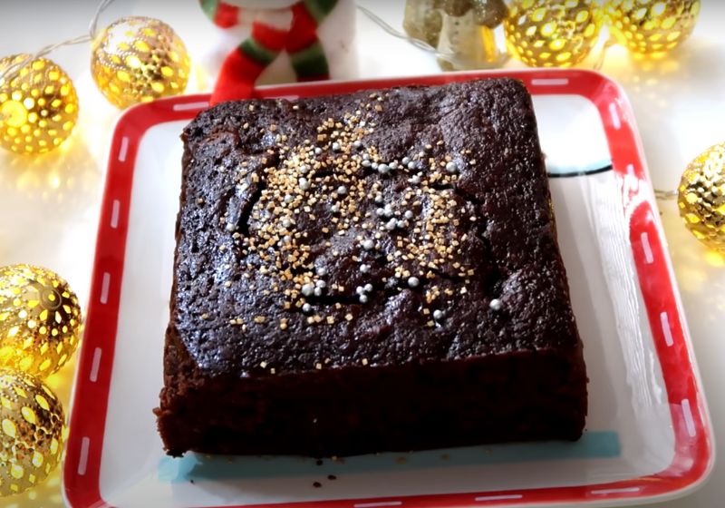 chocolate fruit cake decorated and served