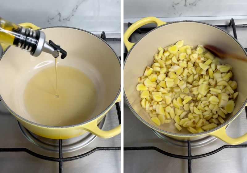 heat oil in a pot, add in chopped mango ginger
