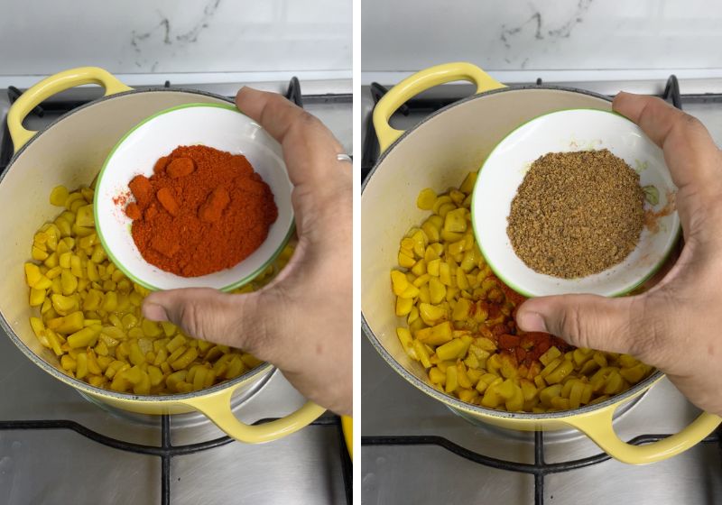 add in kashmiri chilli powder, pickling spice powder