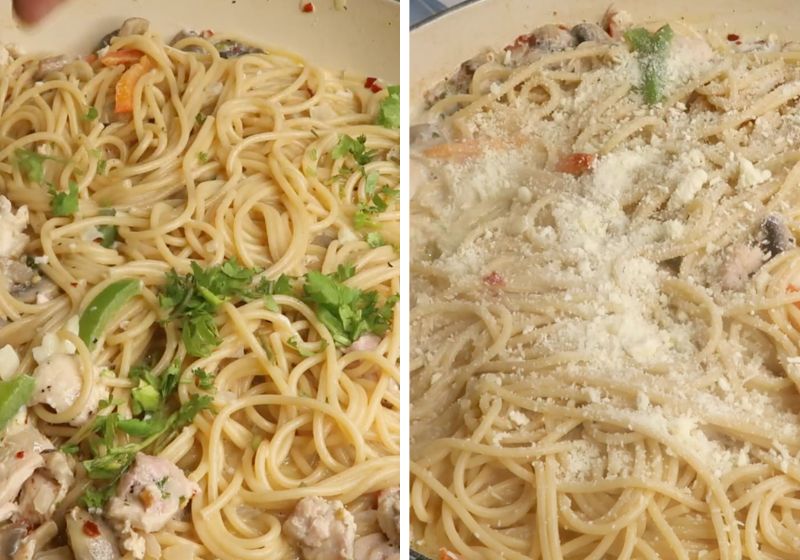 add coriander leaves and parmesan cheese for making creamy chicken pasta