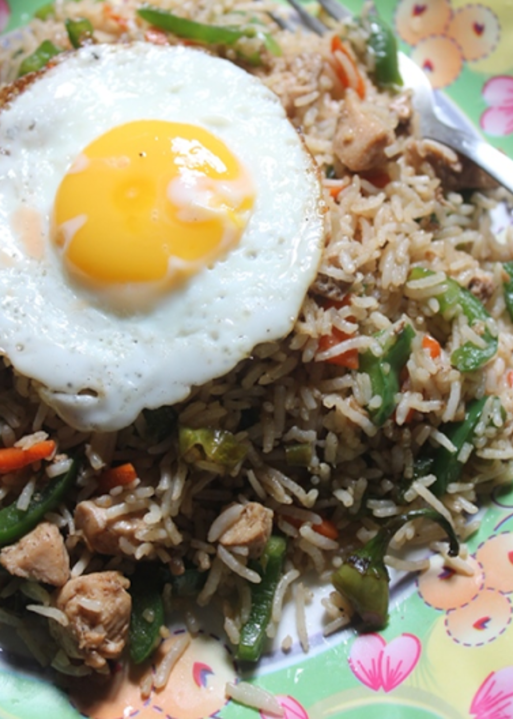 close shot of chicken fried rice served with a fried egg