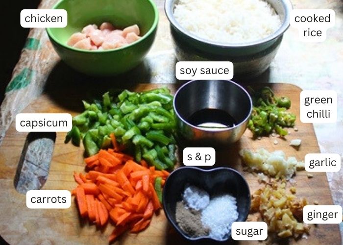 ingredients for making chicken fried rice