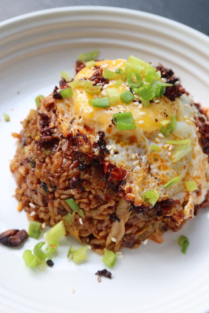 spicy kimchi fried rice topped with fried egg