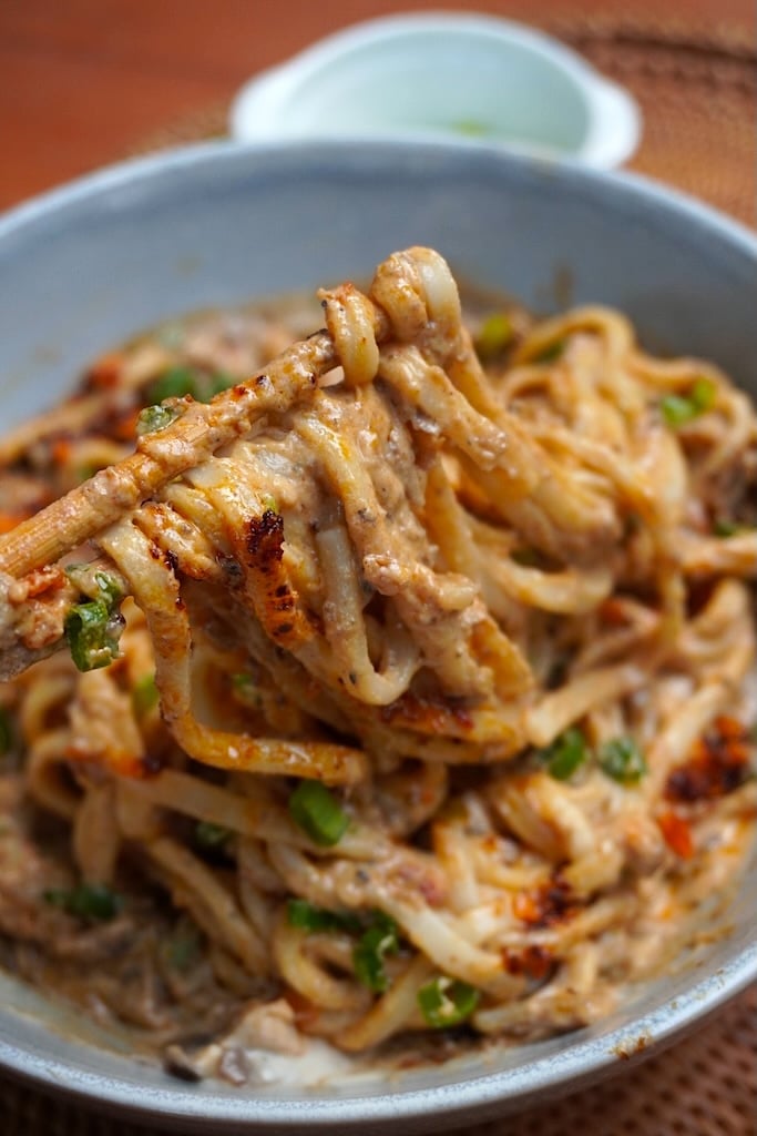 a bite of mapo tofu udon